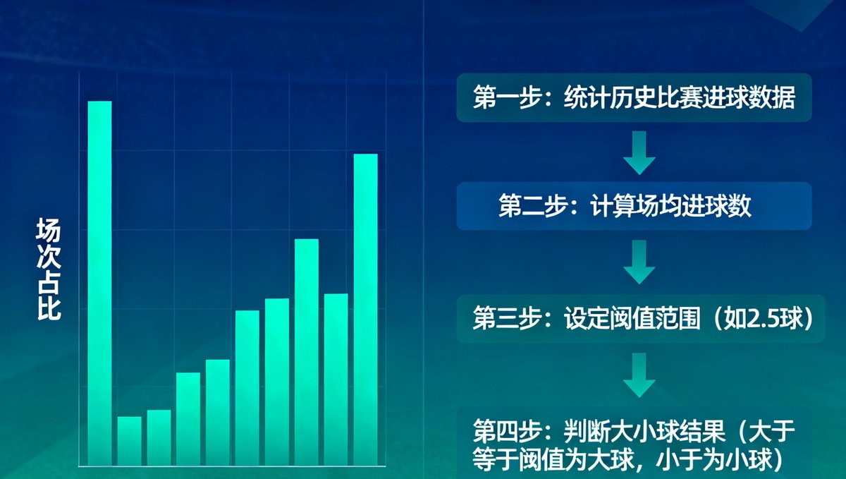 大小球分析技巧图解，展示历史场均进球分布直方图和大小球阈值判断流程图